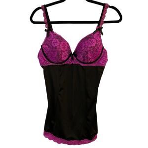 Nature Intimates Women's Black and Purple Lace Babydoll Chemise Size 38C